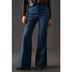 By Anthropologie Damask Jacquard Flare Pants in Navy - Size 6 - NWT